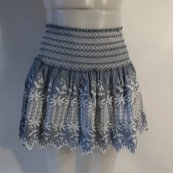 Womens LoveShackFancy Georgia Light Indigo Blue White Embroidered A-Line Skirt 0 - Picture 3 of 8